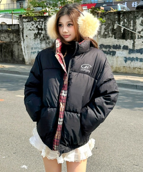 セール】裏チェック柄中綿スタンドブルゾン（ダウンジャケット/コート