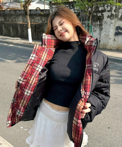 セール】裏チェック柄中綿スタンドブルゾン（ダウンジャケット/コート