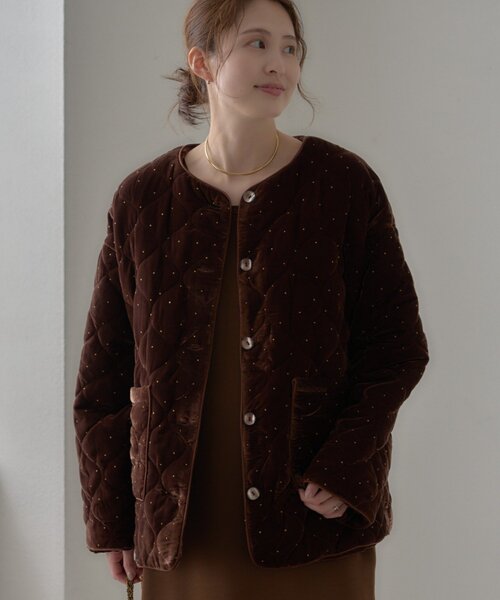 aguni】ベロアラメドットプリントキルトジャケット（ノーカラーコート
