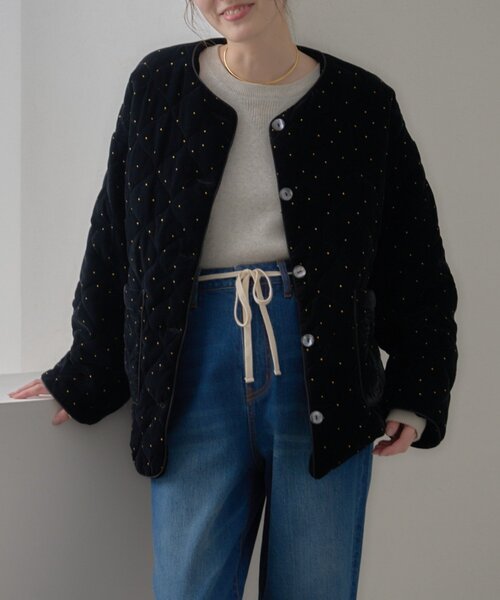 CIAOPANIC TYPY（チャオパニックティピー）の「【aguni】ベロアラメドットプリントキルトジャケット（ノーカラーコート・レディース・ブラック/ブラウン・ONE SIZE）」の5枚目の写真