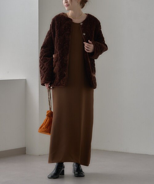 CIAOPANIC TYPY（チャオパニックティピー）の「【aguni】ベロアラメドットプリントキルトジャケット（ノーカラーコート・レディース・ブラック/ブラウン・ONE SIZE）」の6枚目の写真