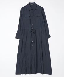 ウエスト紐マキシ丈シャツワンピース