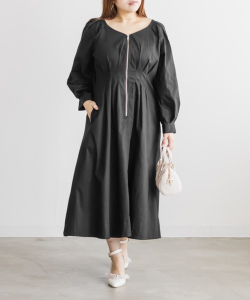 CLETTE(クレット)の「CLETTEオリジナルフロントジップウエストタックワンピース(ワンピース・レディース・パープル/カーキ/ブラック・LL/3L/4L)」の1枚目の写真