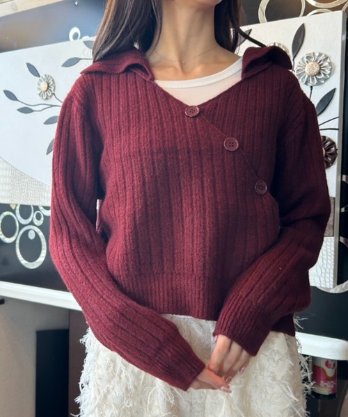 ｔｏｌｅｎｅ（トレネ）の「ビッグカラー フロントクロスデザイン リブニットトップス ポロ襟ニット 薄手タンクトップインナー付き（ニット/セーター・レディース・ブラック/ホワイト/レッド・FREE）」の3枚目の写真