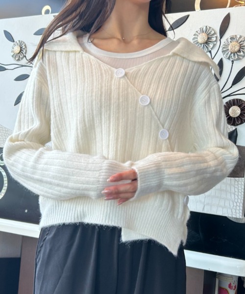 ｔｏｌｅｎｅ（トレネ）の「ビッグカラー フロントクロスデザイン リブニットトップス ポロ襟ニット 薄手タンクトップインナー付き（ニット/セーター・レディース・ブラック/ホワイト/レッド・FREE）」の21枚目の写真