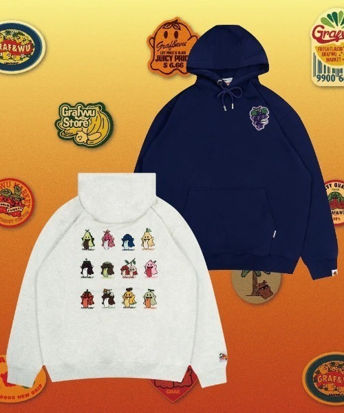 GRAF&WU(グラフアンドユー)の「A'GEM/9 × .kom 『GRAF&WU/グラフアンドユー』GRAF&WU Fruit Party 12 Embroidery Cute Ghost Hoodie /フルーツパーティー 12個のフルーツ キュートゴースト 刺繍 長袖シャツ(パーカー・メンズ・ライトグレー・L/XL)」の2枚目の写真