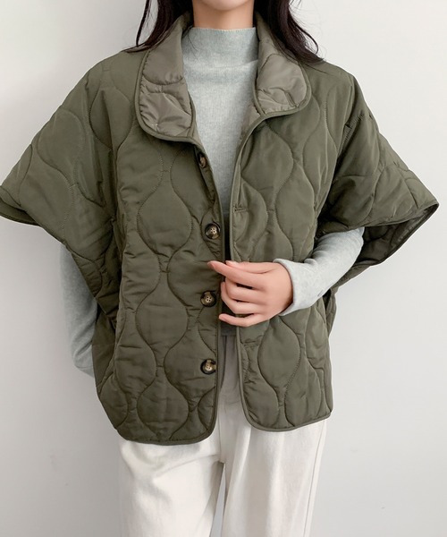 LOWO(ロワ)の「キルティングコート 冬 レディース ミドル丈 ポンチョコート(ポンチョ・レディース・ブラック/カーキ・FREE)」の6枚目の写真