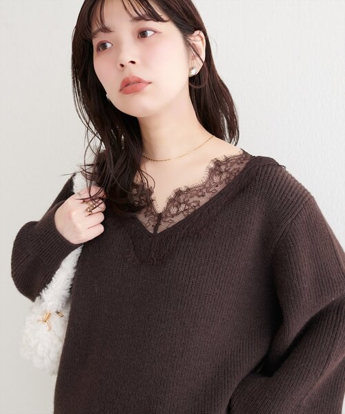 WEB限定】レースVネックニット（ニット/セーター）｜natural couture