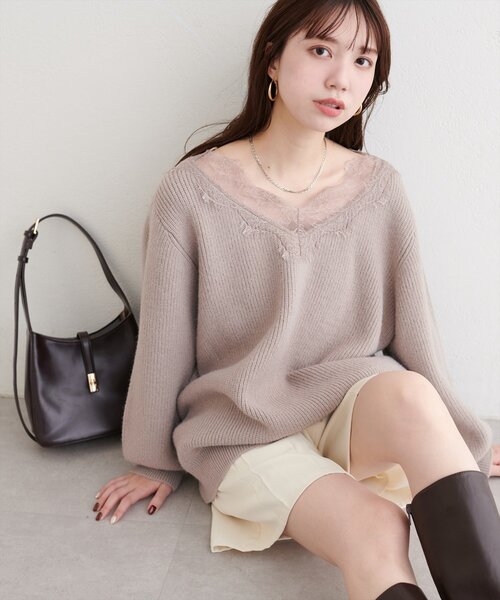 セール】【WEB限定】レースVネックニット（ニット/セーター）｜natural