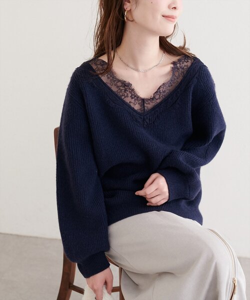 WEB限定】レースVネックニット（ニット/セーター）｜natural couture