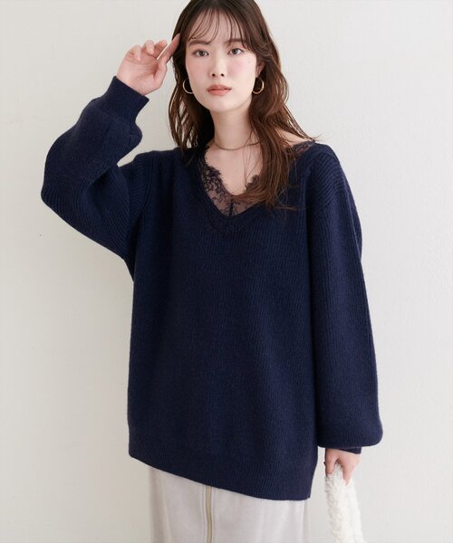 WEB限定】レースVネックニット（ニット/セーター）｜natural couture