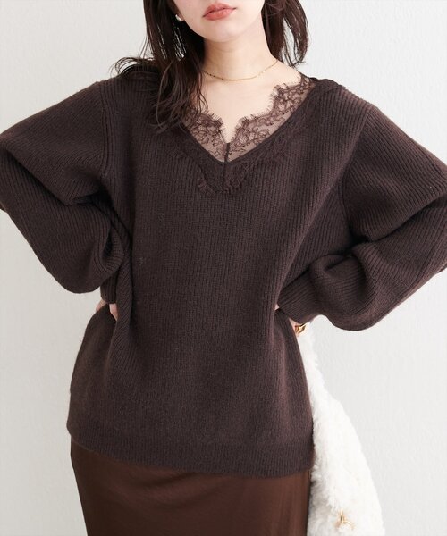 WEB限定】レースVネックニット（ニット/セーター）｜natural couture