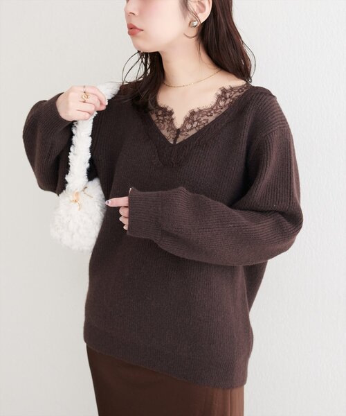 美品♪ネミカ チュールレース使いセーター クルーネックニット 大きいサイズ 上品きれい見えレース刺しゅうニット - ベルーナ【公式】