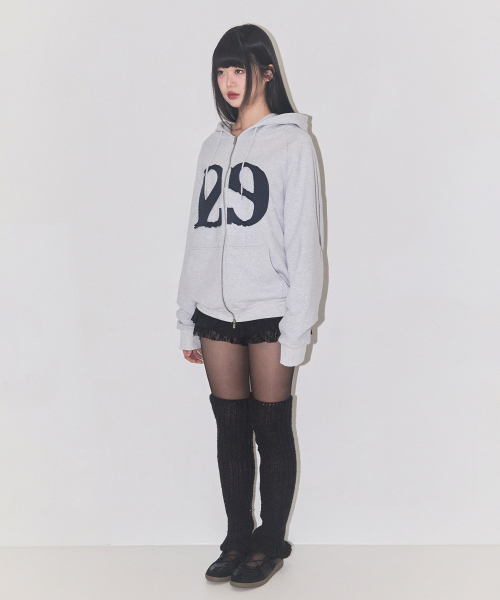 129 ロゴパッチ フードパーカー ジップアップ ホワイトメランジ