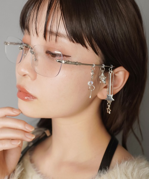 チャーム付きリムレスメガネ/フレームレスメガネ/サイドビーズ（メガネ