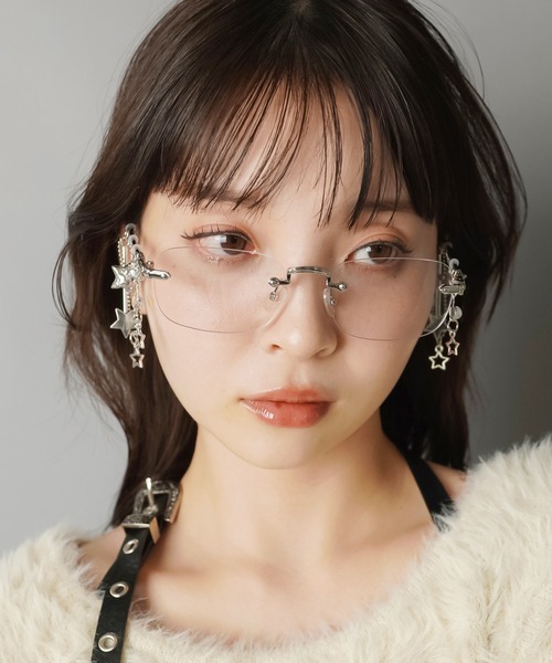 チャーム付きリムレスメガネ/フレームレスメガネ/サイドビーズ（メガネ
