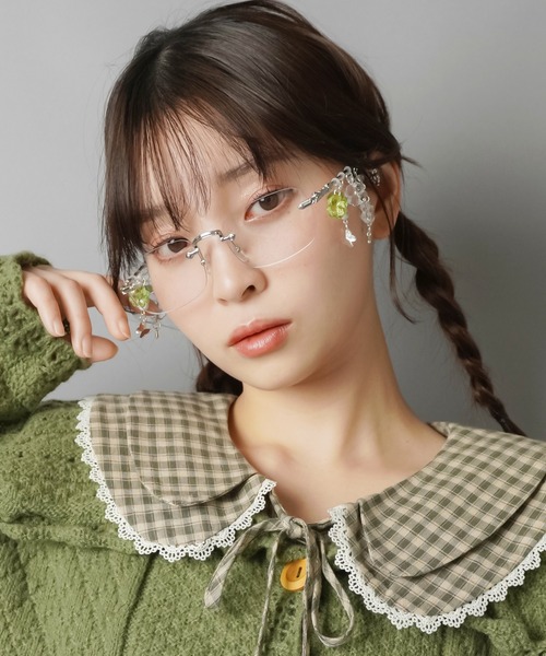 チャーム付きリムレスメガネ/フレームレスメガネ/サイドビーズ（メガネ