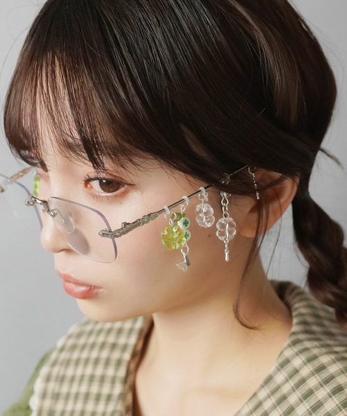 チャーム付きリムレスメガネ/フレームレスメガネ/サイドビーズ（メガネ