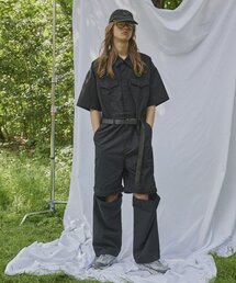 MAGOODGAN（メックウッドガン）の「パファン5806 リップストップ脱着式ブラック半袖ジャンプスーツ（つなぎ/オールインワン・レディース）」