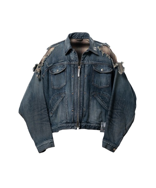 Maison MIHARA YASUHIRO(メゾンミハラヤスヒロ)の「Check Shirt Layered Denim Jacket(ブルゾン・メンズ・インディゴブルー/ブラック・44/46)」の2枚目の写真