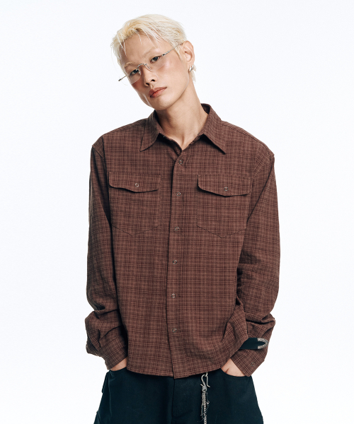 テクスチャークロップチェックシャツ-ブラウン