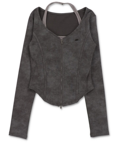 SPINNS（スピンズ）の「レイヤード風長袖ジップカットソー/ムラ染め風（Tシャツ/カットソー・レディース・チャコール/オフホワイト・ONESIZE）」の2枚目の写真