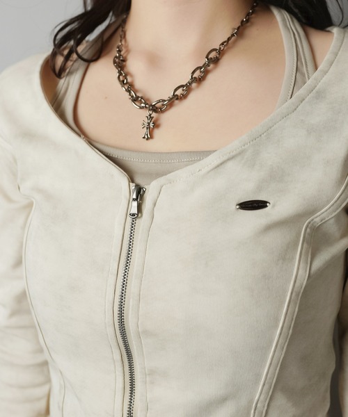 SPINNS（スピンズ）の「レイヤード風長袖ジップカットソー/ムラ染め風（Tシャツ/カットソー・レディース・チャコール/オフホワイト・ONESIZE）」の16枚目の写真