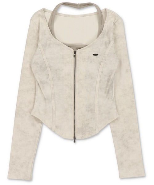 SPINNS（スピンズ）の「レイヤード風長袖ジップカットソー/ムラ染め風（Tシャツ/カットソー・レディース・チャコール/オフホワイト・ONESIZE）」の3枚目の写真