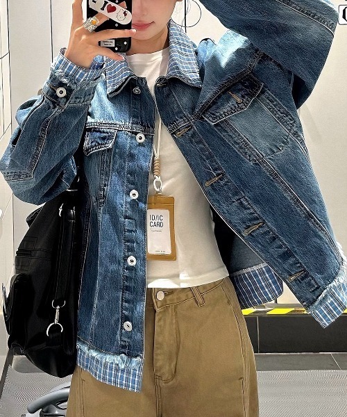 チェックレイヤードデニムジャケット
