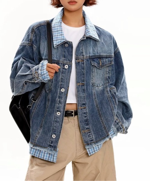 チェックレイヤードデニムジャケット