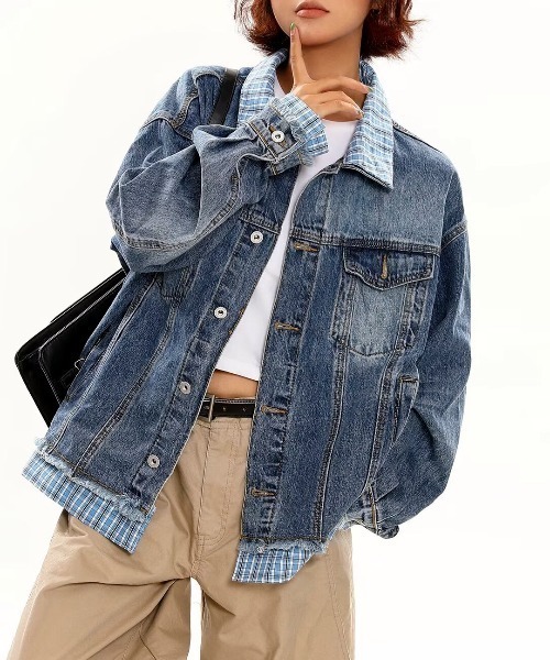 チェックレイヤードデニムジャケット