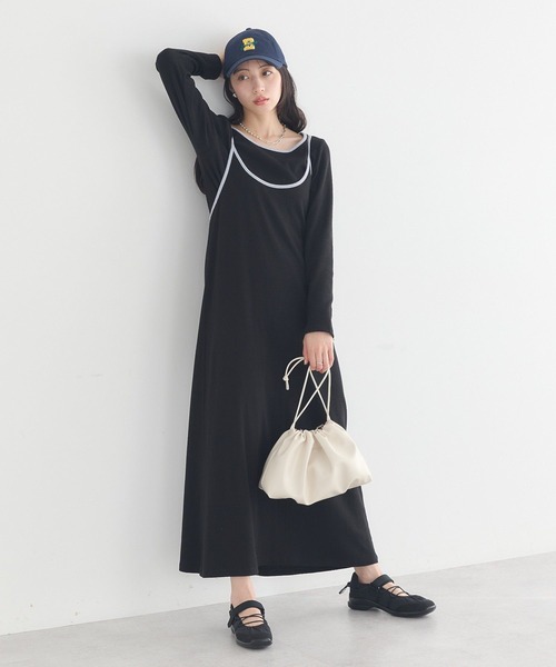earth music&ecology(アースミュージックアンドエコロジー)の「【2点セット】レイヤードバイカラーカットワンピース(ワンピース・レディース・ブラック/ブラウン/ベージュ・FREE)」の2枚目の写真