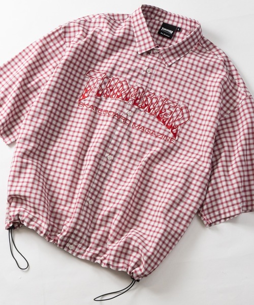THRASHER(スラッシャー)の「【at】〔THRASHER/スラッシャー〕ダメージアップリケ ドローコード付きミニチェックシャツ(シャツ/ブラウス・メンズ・ブラック/サックスブルー/レッド・MEDIUM/LARGE)」の3枚目の写真