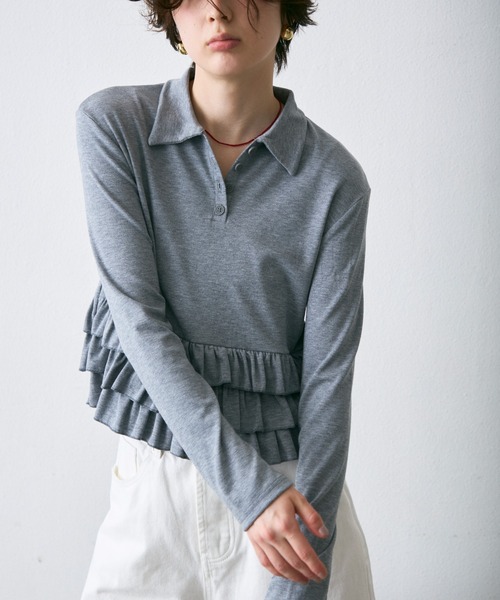 Trish(トリッシュ)の「フライス裾フリルポロカラープルオーバー(ポロシャツ・レディース・アイボリー/グレー・MEDIUM)」の15枚目の写真