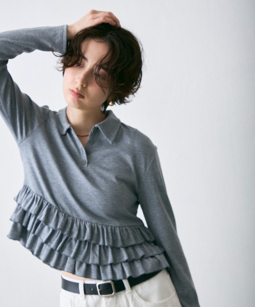 Trish(トリッシュ)の「フライス裾フリルポロカラープルオーバー(ポロシャツ・レディース・アイボリー/グレー・MEDIUM)」の17枚目の写真