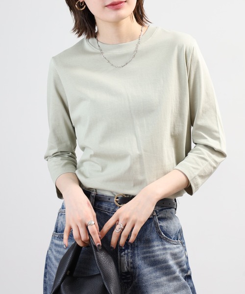 FUNALIVE(ファンアライブ)の「無地コットン天竺7分袖Tシャツ(Tシャツ/カットソー・レディース・杢グレー/ブラック/ライトカーキ/オフホワイト/ピンク・M/L/LL)」の4枚目の写真