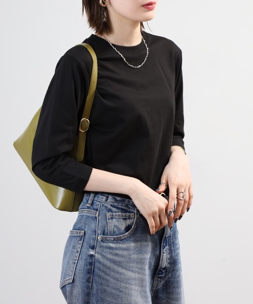 FUNALIVE(ファンアライブ)の「無地コットン天竺7分袖Tシャツ(Tシャツ/カットソー・レディース・杢グレー/ブラック/ライトカーキ/オフホワイト/ピンク・M/L/LL)」の6枚目の写真