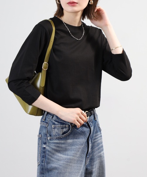 FUNALIVE(ファンアライブ)の「無地コットン天竺7分袖Tシャツ(Tシャツ/カットソー・レディース・杢グレー/ブラック/ライトカーキ/オフホワイト/ピンク・M/L/LL)」の7枚目の写真