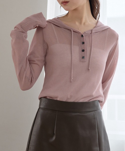 セール】sheer long sleeve hoodie tops / シアーロングスリーブ
