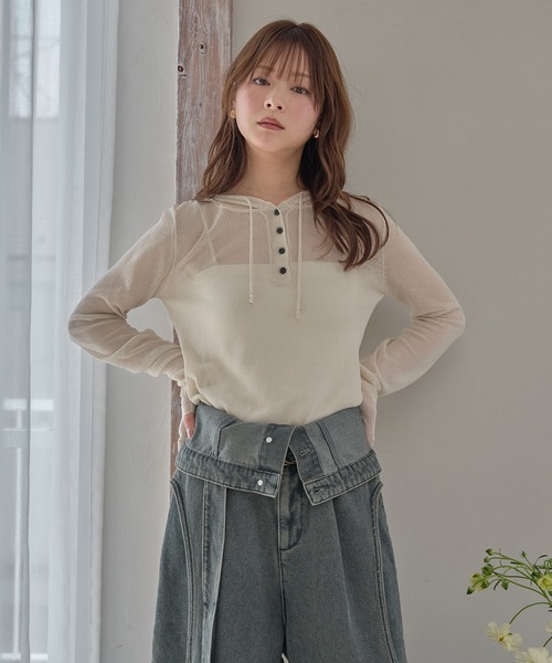 mideal(マイディール)の「sheer long sleeve hoodie tops / シアーロングスリーブフーディトップス(Tシャツ/カットソー・レディース・グレイッシュブルー/アイボリー/ピンク・FREE)」の21枚目の写真