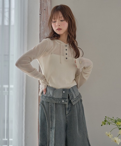 mideal(マイディール)の「sheer long sleeve hoodie tops / シアーロングスリーブフーディトップス(Tシャツ/カットソー・レディース・グレイッシュブルー/アイボリー/ピンク・FREE)」の22枚目の写真