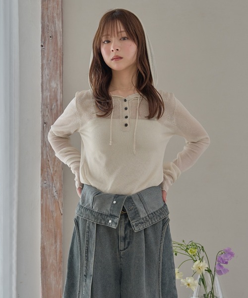 セール】sheer long sleeve hoodie tops / シアーロングスリーブ