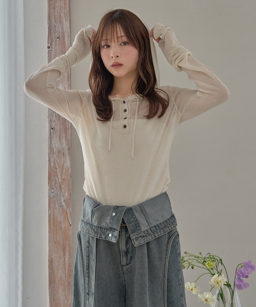 mideal(マイディール)の「sheer long sleeve hoodie tops / シアーロングスリーブフーディトップス(Tシャツ/カットソー・レディース・グレイッシュブルー/アイボリー/ピンク・FREE)」の18枚目の写真