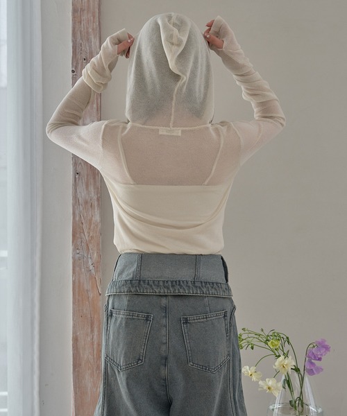 mideal(マイディール)の「sheer long sleeve hoodie tops / シアーロングスリーブフーディトップス(Tシャツ/カットソー・レディース・グレイッシュブルー/アイボリー/ピンク・FREE)」の20枚目の写真