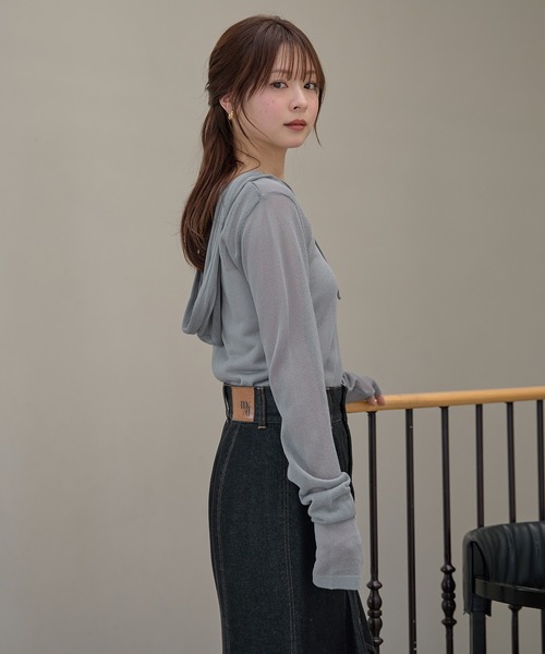 セール】sheer long sleeve hoodie tops / シアーロングスリーブ