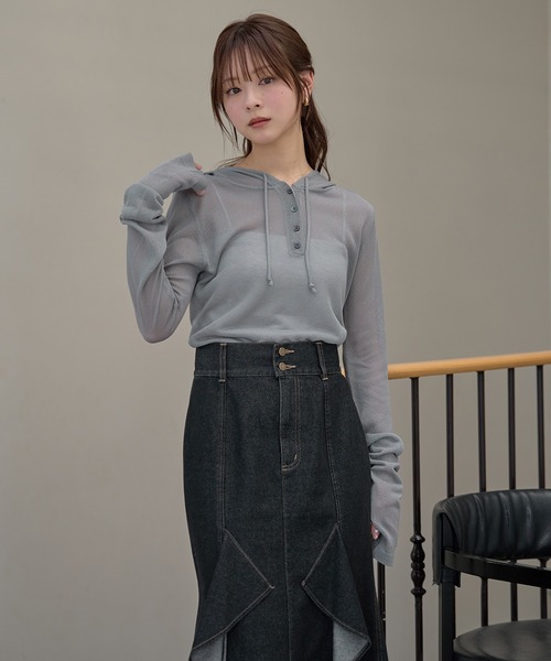 セール】sheer long sleeve hoodie tops / シアーロングスリーブ