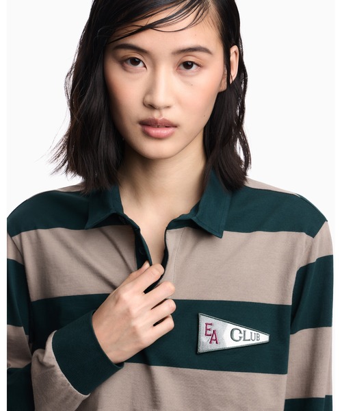 EMPORIO ARMANI（エンポリオアルマーニ）の「【エンポリオ アルマーニ】Eagle Club クロップドポロシャツ ジャージー オーバーサイズストライプ＆パッチ（ポロシャツ・レディース・グリーン系その他・SMALL）」の4枚目の写真