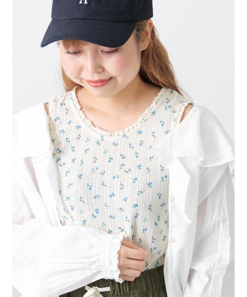 Samansa Mos2(サマンサ モスモス)の「花柄パターンメッシュレース付ノースリーブ(Tシャツ/カットソー・レディース・オフホワイト/チャコールグレー/キナリ・F)」の2枚目の写真