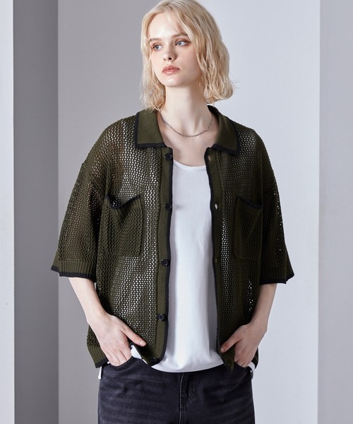 Loose/ルース(ルース)の「シアーメッシュ ラインニットポロ半袖カーディガン(シャツ/ブラウス・メンズ・ブラック/グレー/ネイビー/アーミー・L/S/M)」の12枚目の写真