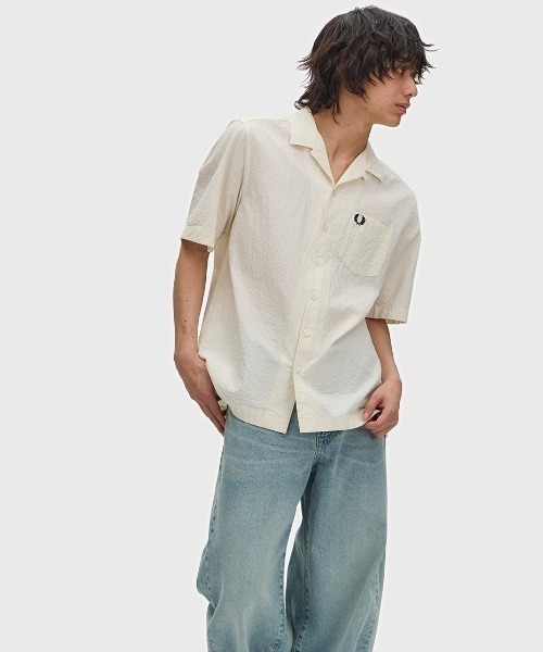 FRED PERRY（フレッドペリー）の「先行予約受付中／Seersucker Revere Collar Shirt／シアサッカーオープンカラーシャツ（シャツ/ブラウス・メンズ・グレー/ネイビー/ベージュ/ライトブルー・L/M/S）」の22枚目の写真